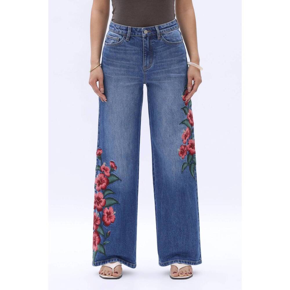NEW BAYEAS paris embroidered high rise straight leg jeans in oblique